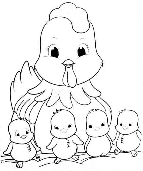 dibujo de pollo con pollitos para pintar tela