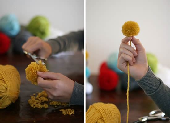 Cortar el pompón para hacer manualidades con una bola de hilo