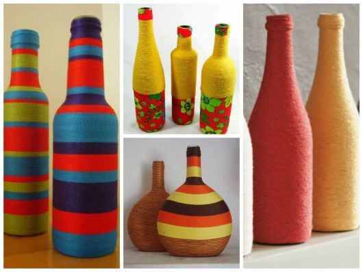 Manualidades con puntas de botella de vidrio con hilo de colores